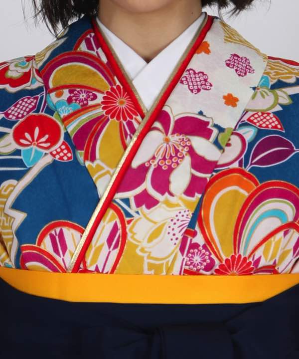 卒業式袴レンタル | 青地に菊と梅に桜 刺繍入り濃紺袴