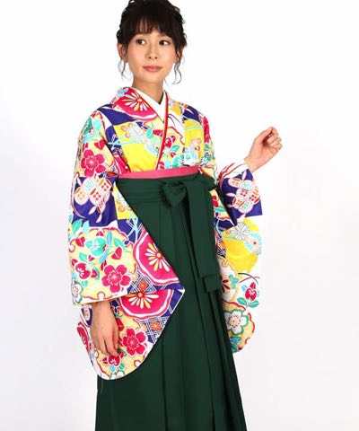 卒業式袴レンタル | 青×白 雪輪と吉兆文様 刺繍入り緑袴