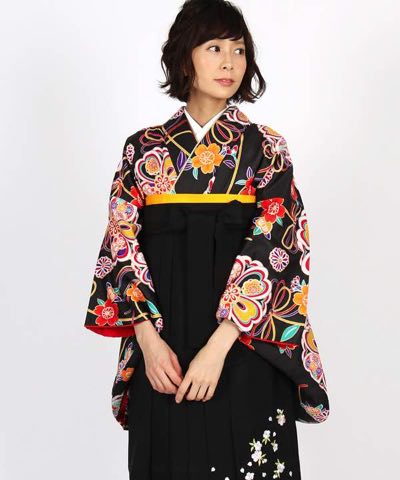 卒業式袴レンタル | 黒地に八重桜と水引 刺繍入り黒袴