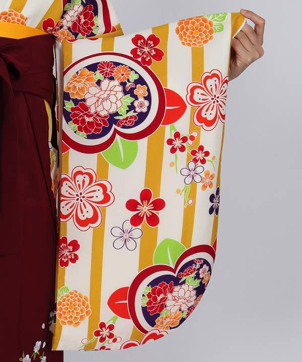 卒業式袴レンタル | 白地に黄色ストライプと花々 刺繍入り臙脂袴