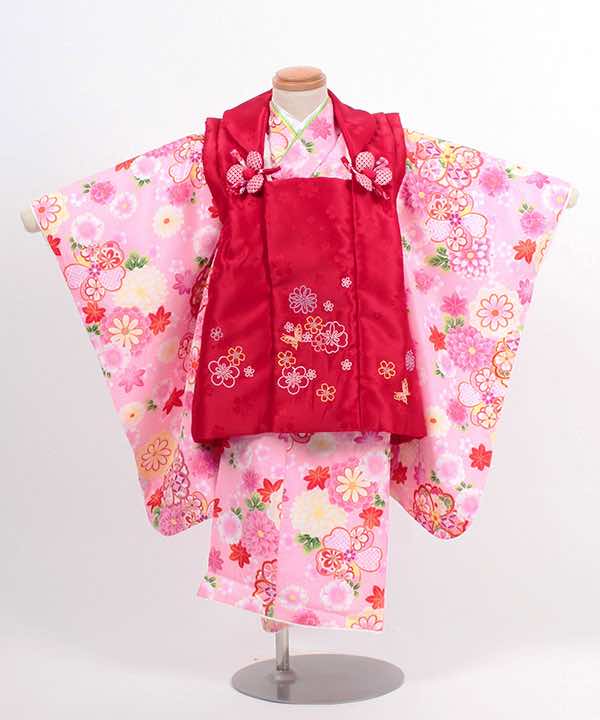ht3-215 七五三(三歳) | ピンク地に桜と菊 小花の赤被布 17,800円